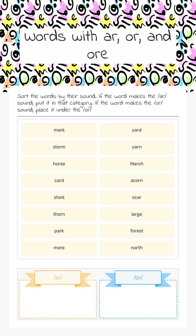 Words with ar, or, and ore worksheet preview image
