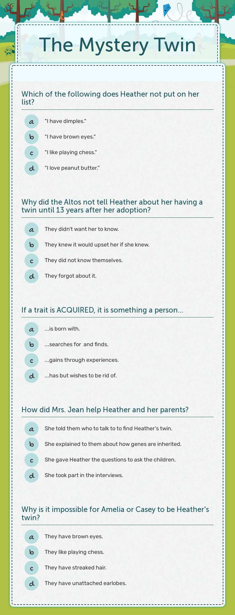 The Mystery Twin Grade 5 worksheet preview