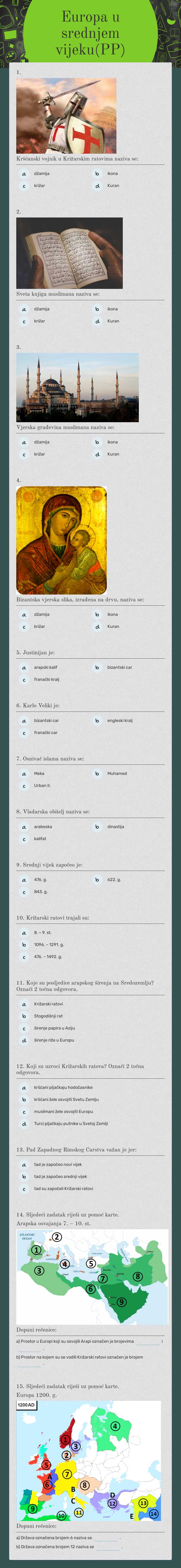 Europa u srednjem vijeku(PP) Grade 6 worksheet preview