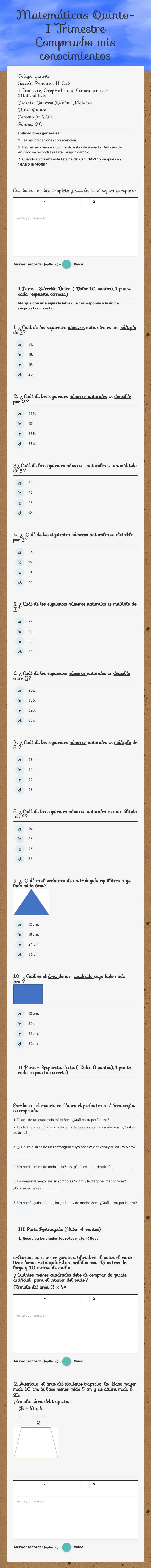 Matemáticas
   Quinto-I Trimestre           Compruebo mis conocimientos worksheet preview image