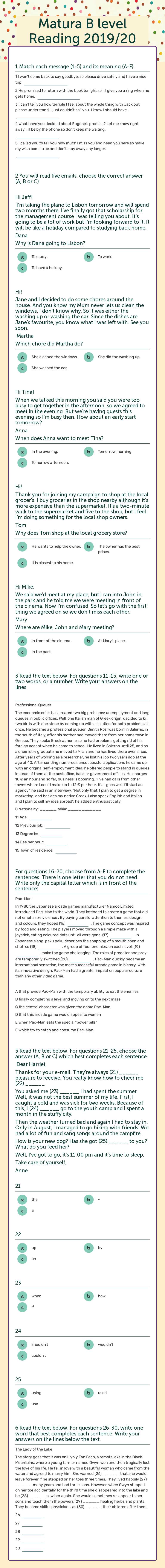 Part 6 (Reading comprehension) worksheet preview image