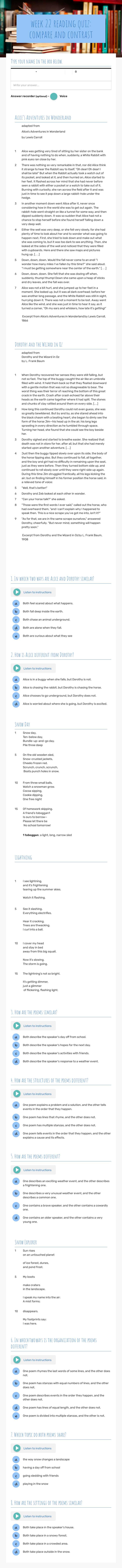 week 22 reading quiz: compare and contrast worksheet preview image
