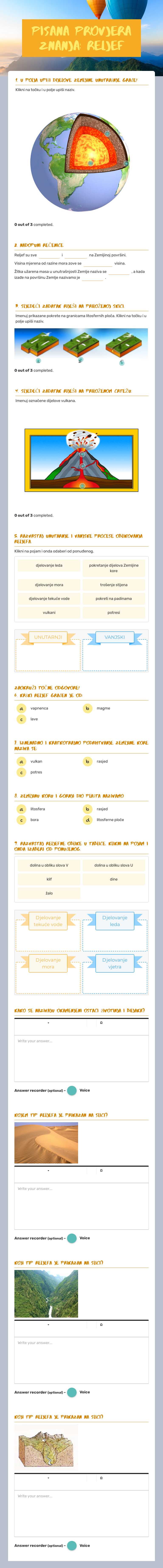 Pisana provjera znanja: Reljef worksheet preview image