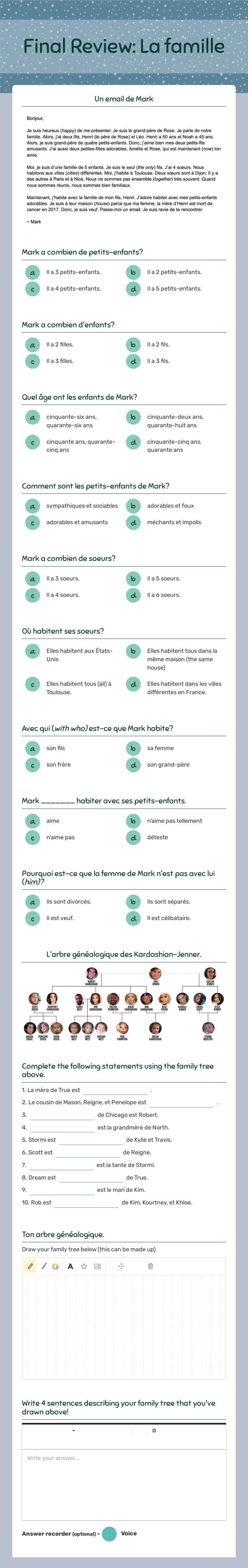 Final Review: La famille Grade 10 worksheet preview