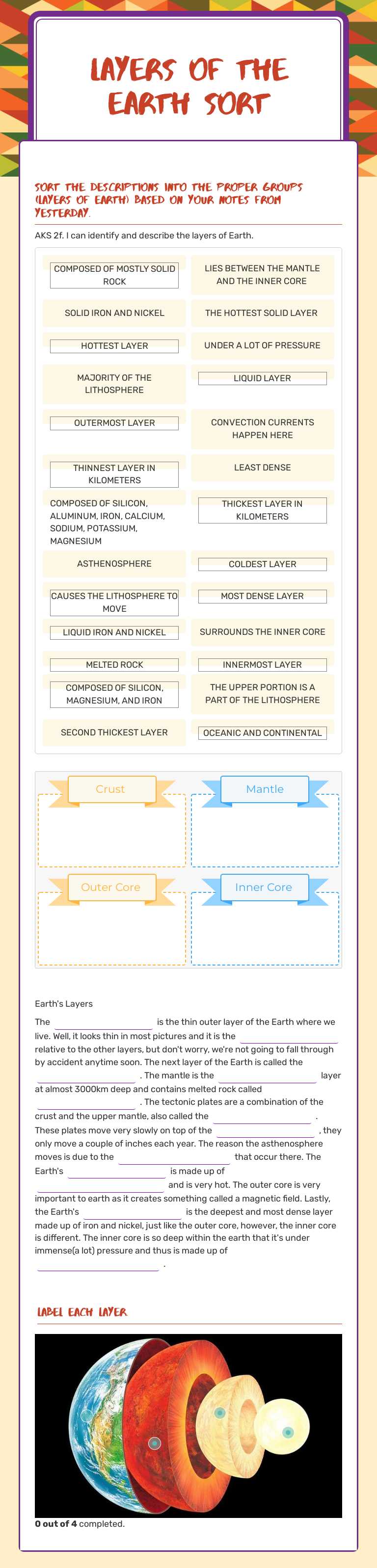 Layers of the earth sort worksheet preview image