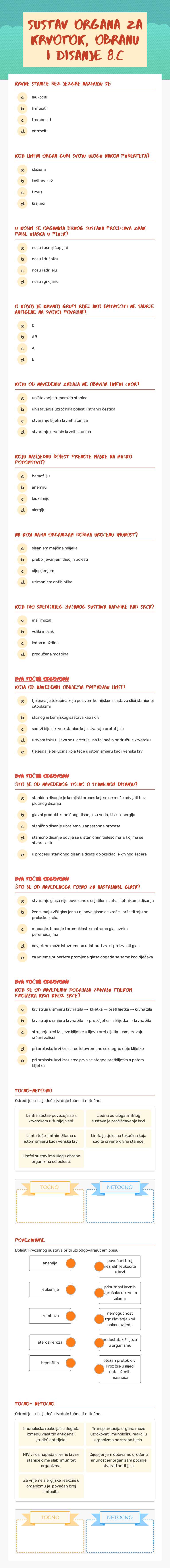 Sustav organa za krvotok, obranu i disanje 8.C worksheet preview image