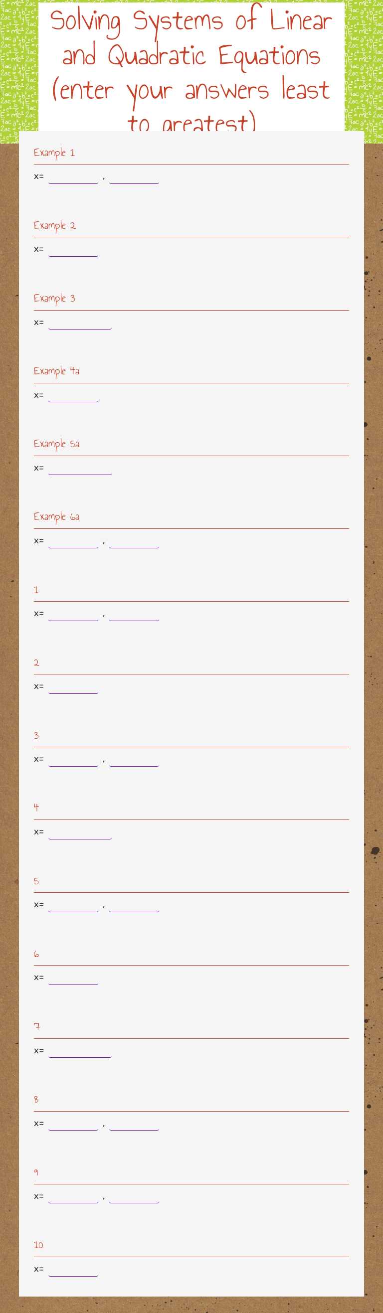 Solving Systems of Linear and Quadratic Equations (enter your answers least to greatest) worksheet preview image