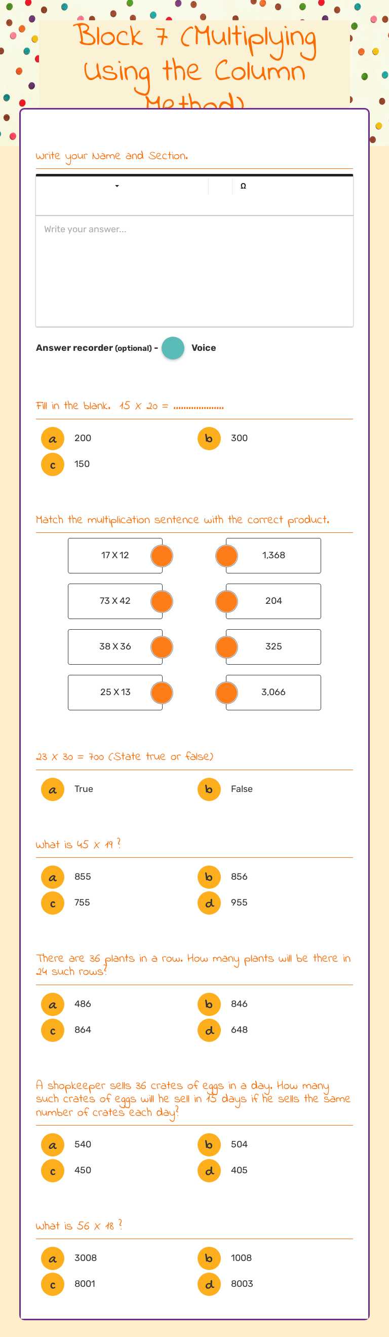 Block 7 (Multiplying Using the Column Method) worksheet preview image