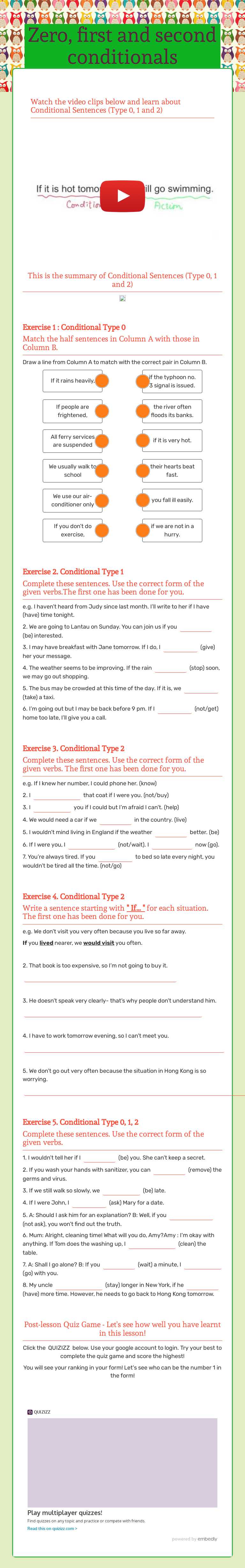 Zero, first and second conditionals worksheet preview image