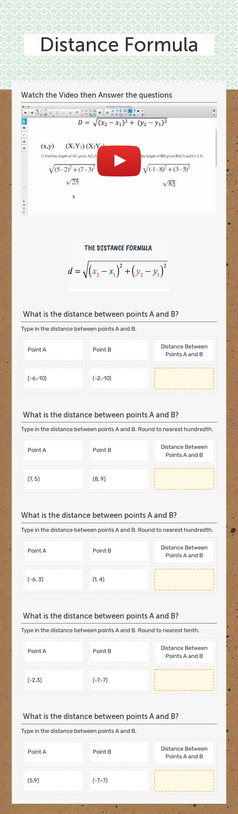 Distance Formula worksheet preview image