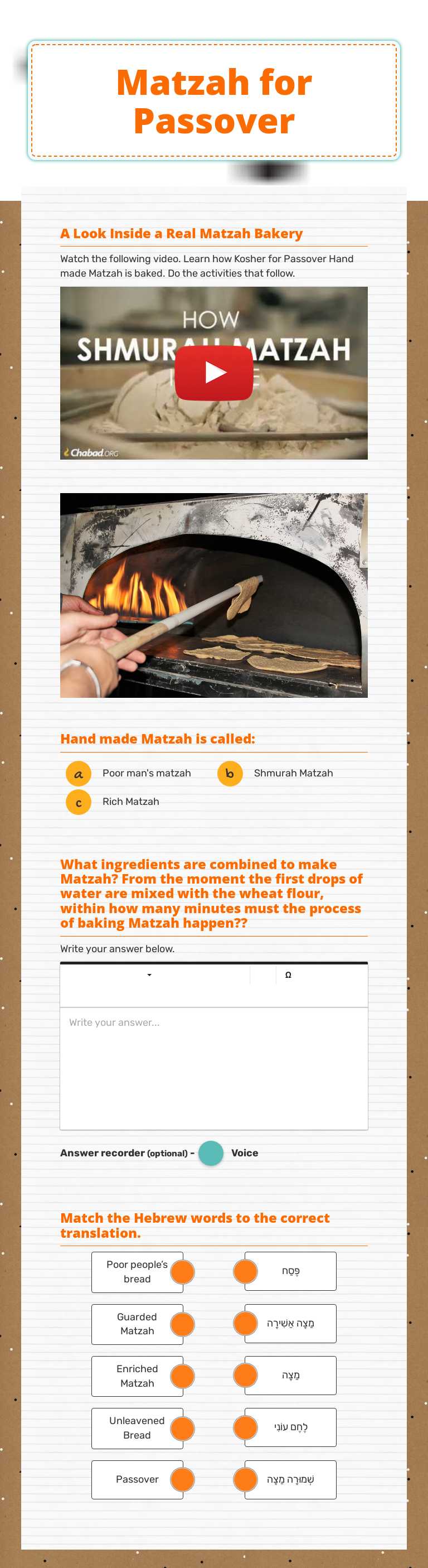 Matzah for Passover Grade 4 worksheet preview