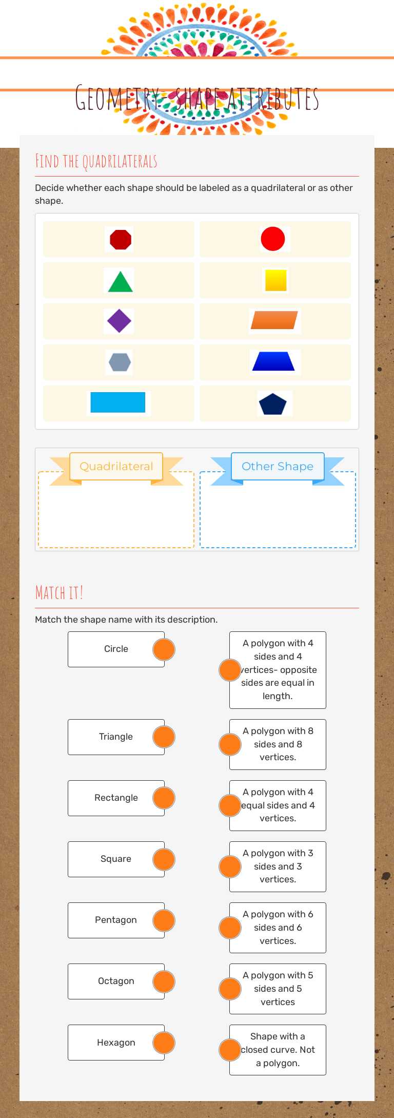 Geometry- shape attributes worksheet preview image