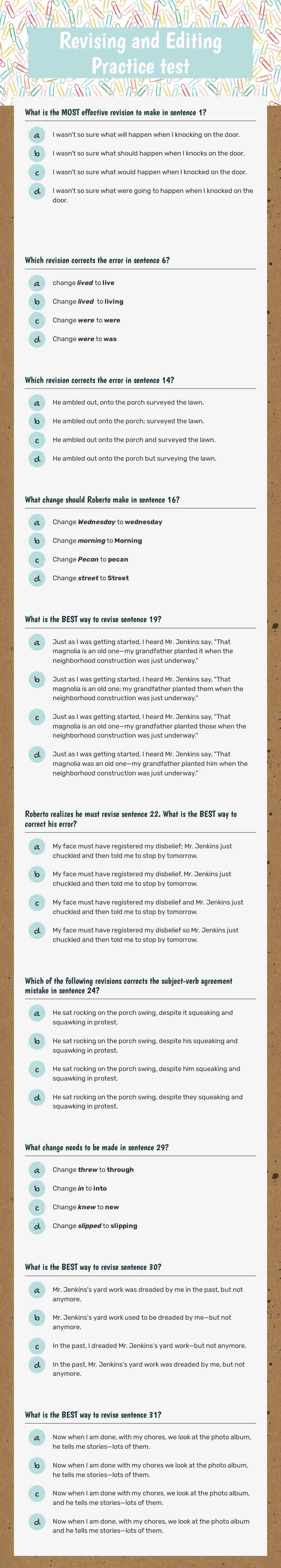 Revising and Editing Practice test worksheet preview image