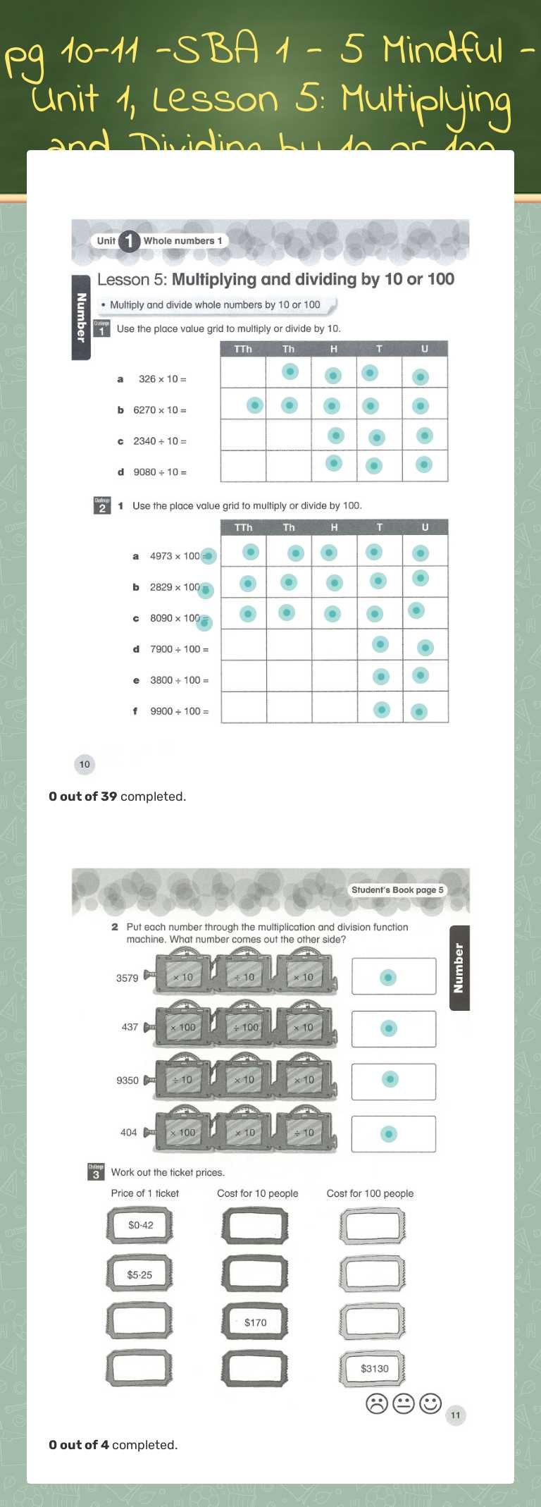 pg 10-11 -SBA 1 - 5 Mindful - Unit 1, Lesson 5: Multiplying and Dividing by 10 or 100 worksheet preview image