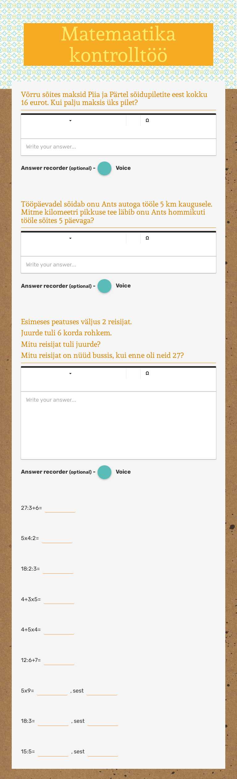 Matemaatika kontrolltöö worksheet preview image