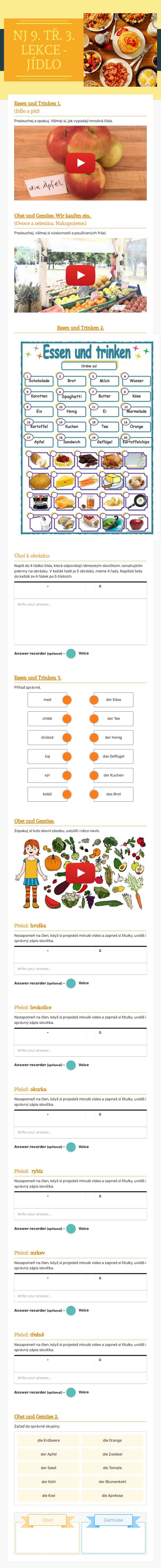 NJ 9. TŘ. 
3. LEKCE - JÍDLO worksheet preview image