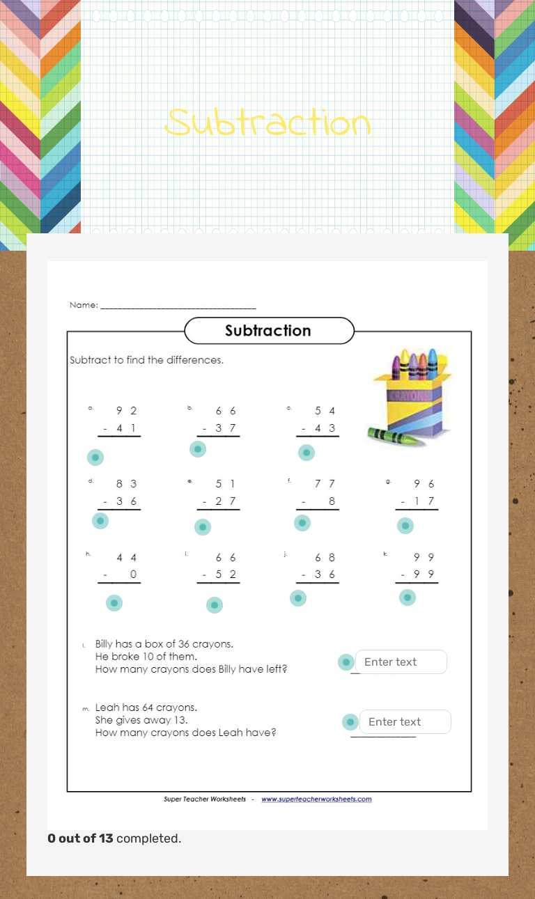 Subtraction worksheet preview image
