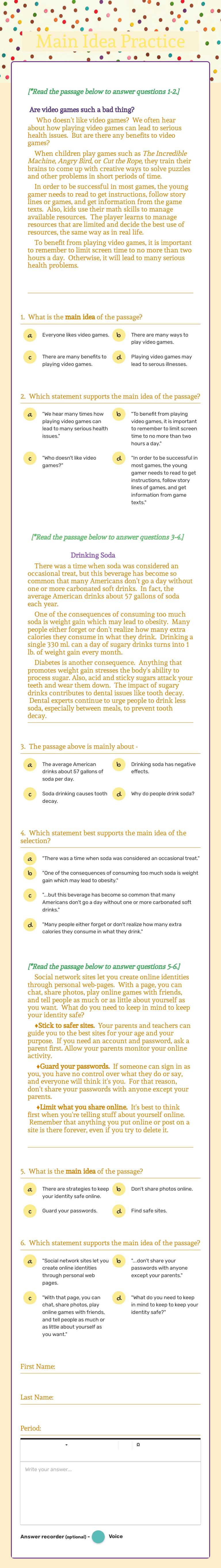 Main Idea Practice Preschool worksheet preview