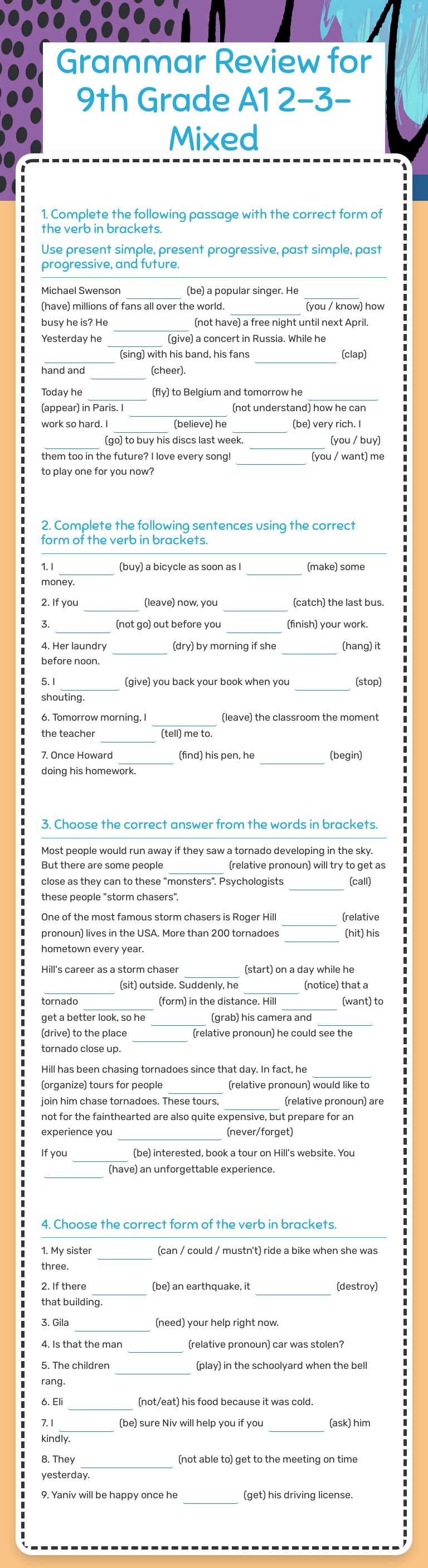 Grammar Review 
for 9th Grade A1 2-3- Mixed worksheet preview image