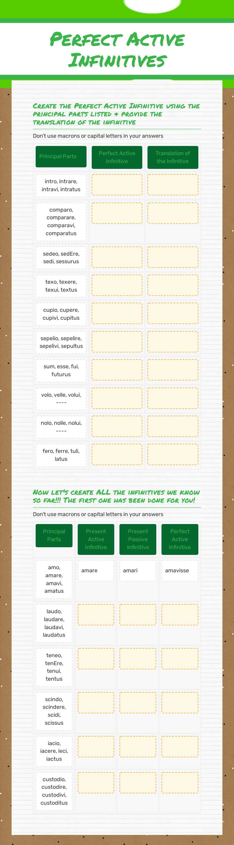 Perfect Active Infinitives worksheet preview image