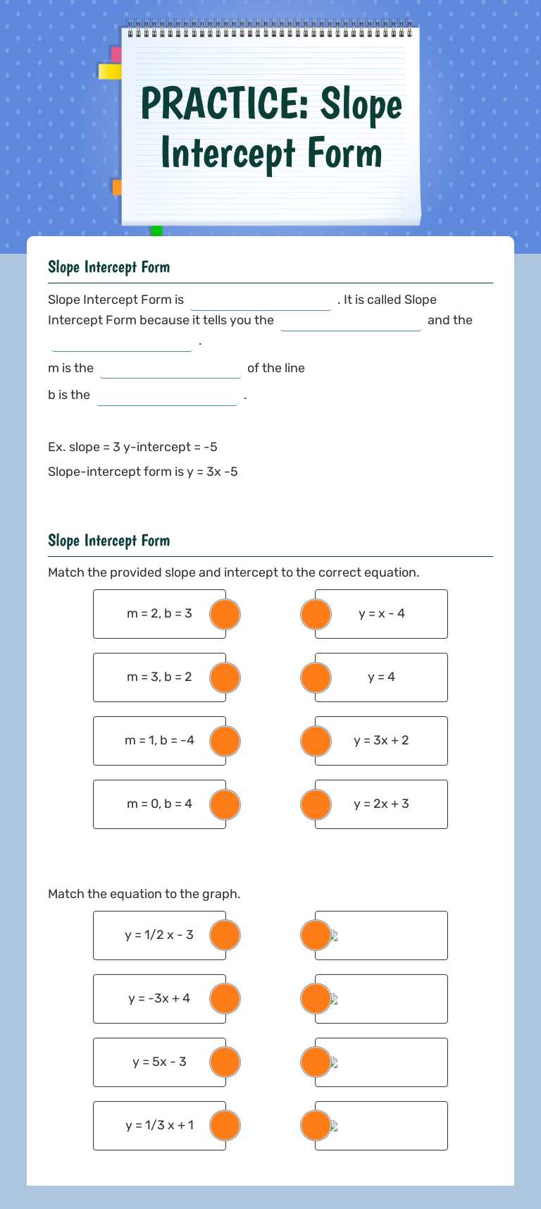 PRACTICE: Slope Intercept Form Grade 9 worksheet preview