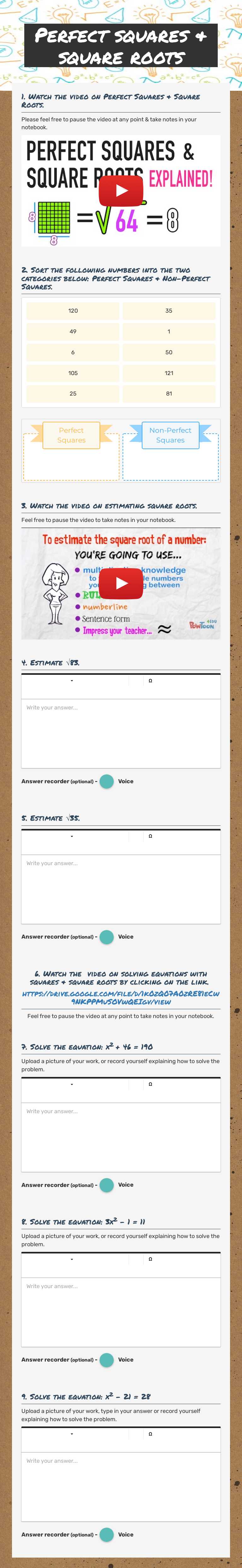 Perfect squares & square roots worksheet preview image