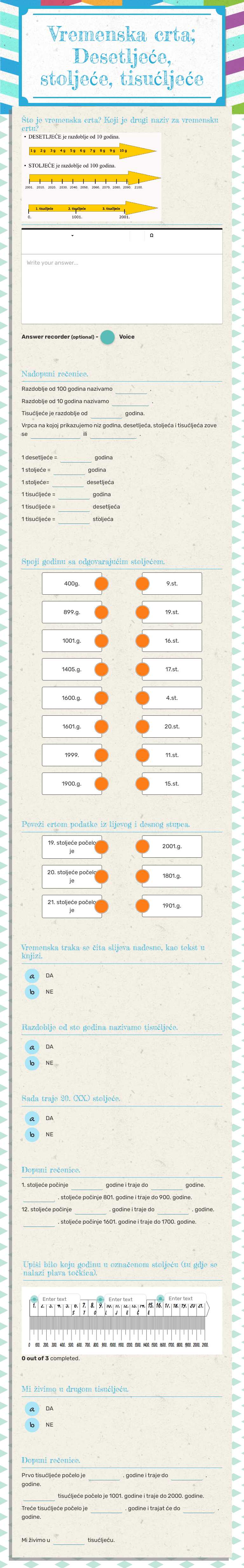 Vremenska crta;
Desetljeće, stoljeće, tisućljeće worksheet preview image