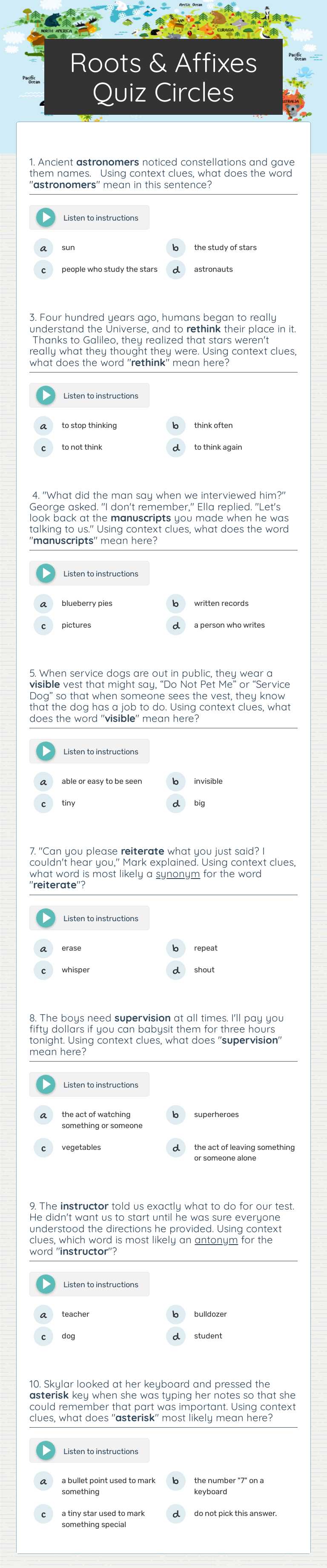 Roots & Affixes Quiz Circles worksheet preview image