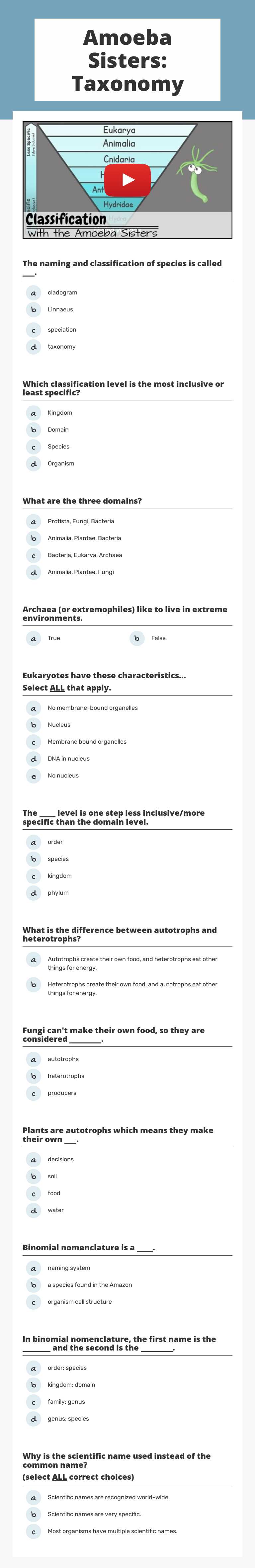 Amoeba Sisters: Taxonomy worksheet preview image