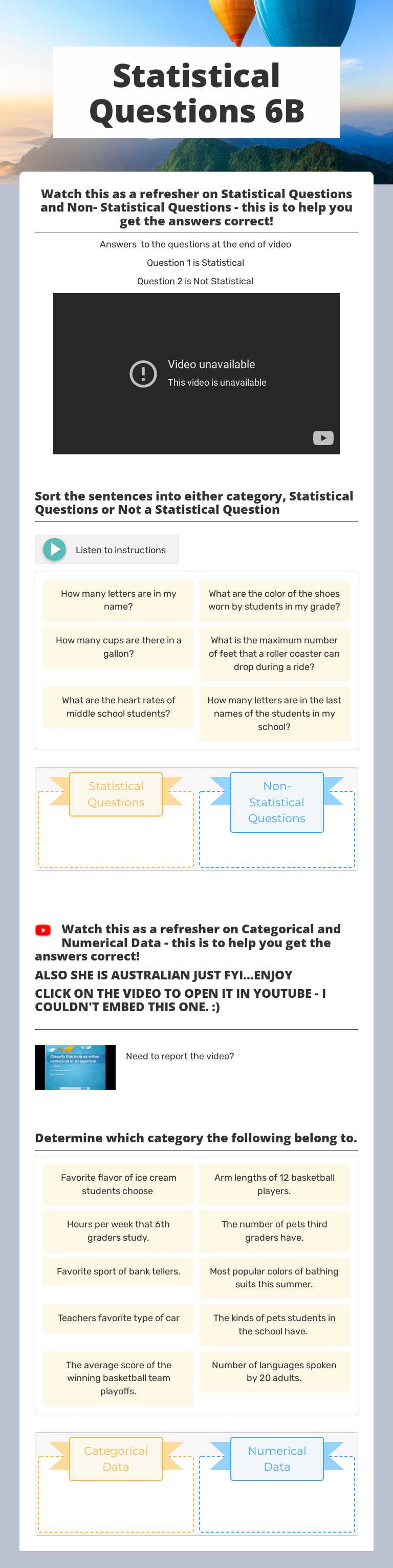 Statistical Questions 6B worksheet preview image