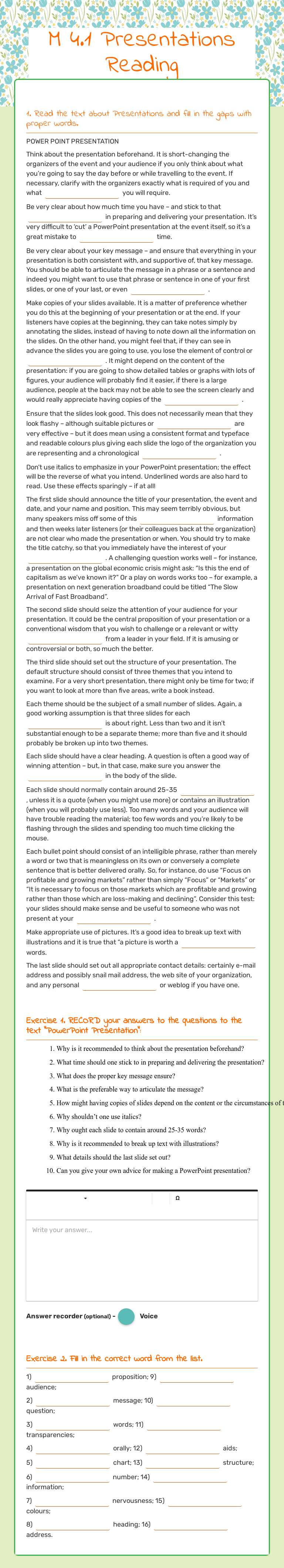 M 4.1 Presentations Reading worksheet preview image