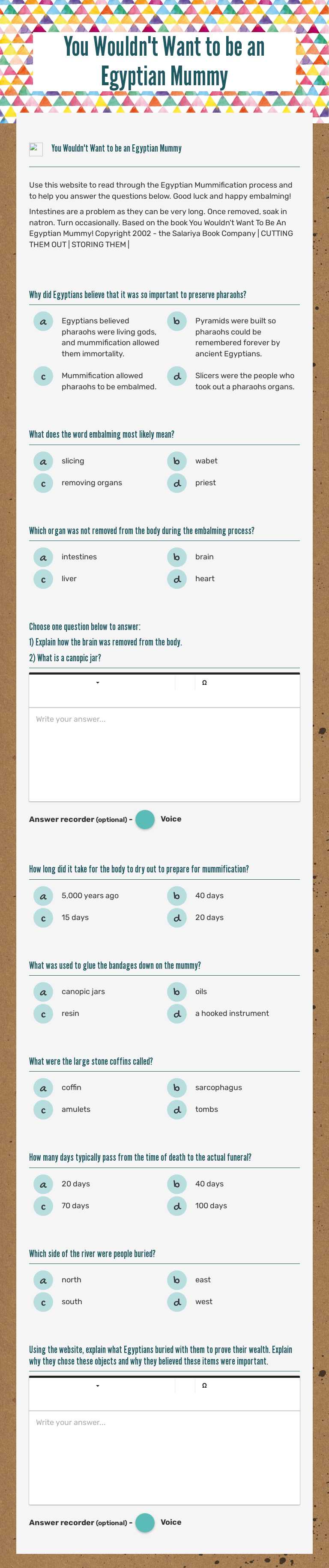 You Wouldn't Want to be an Egyptian Mummy worksheet preview
