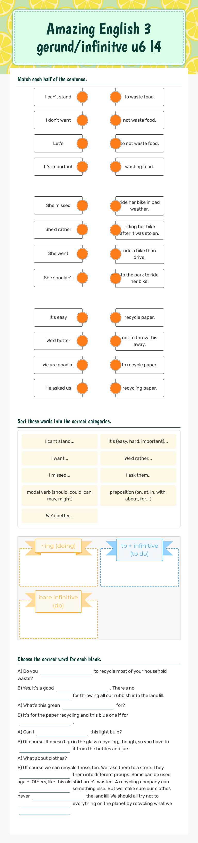 Amazing English 3 gerund/infinitve u6 l4 worksheet preview image