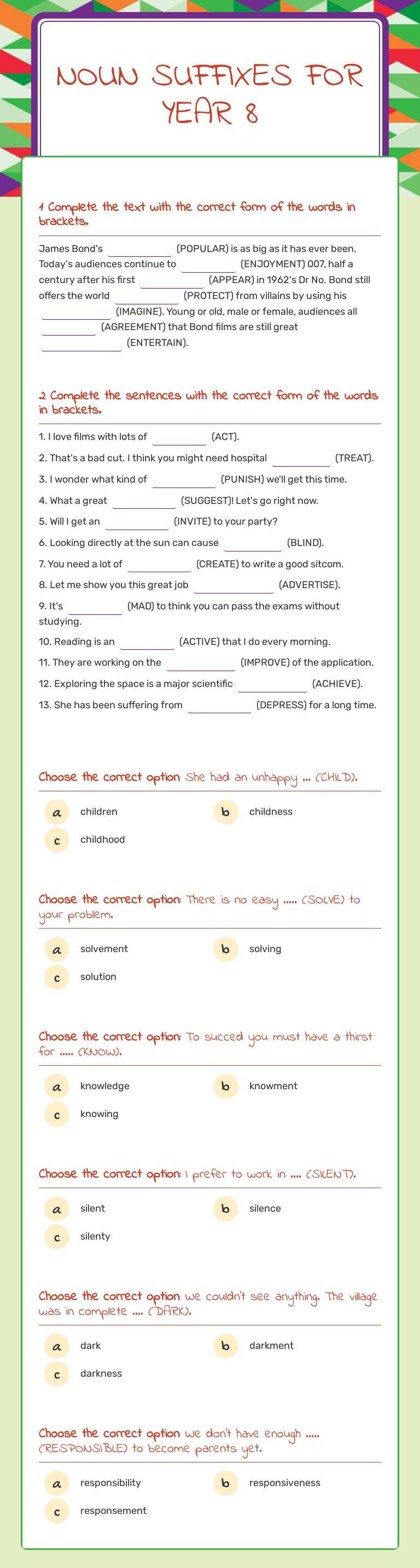 Noun suffixes for year 8 worksheet preview image