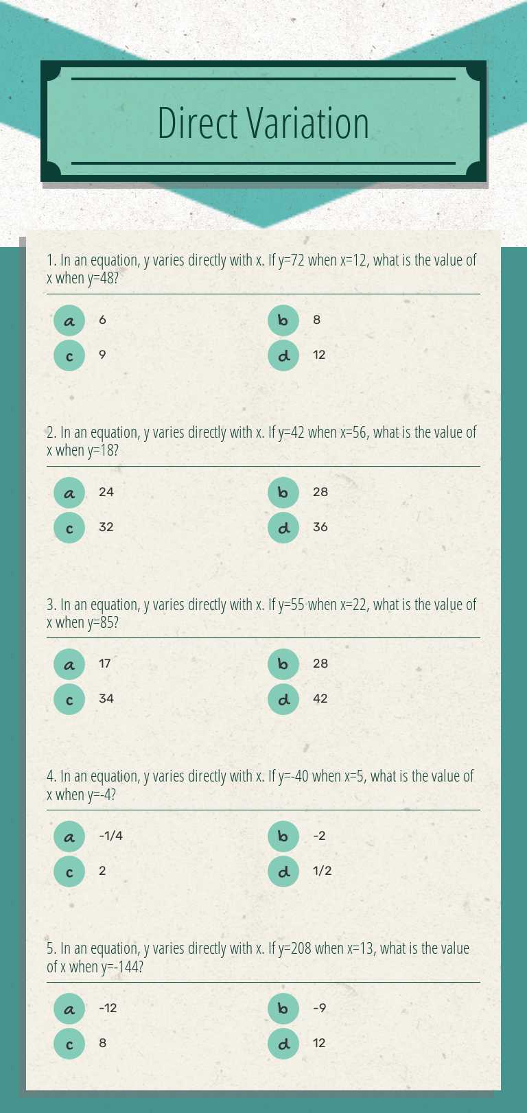 Direct Variation worksheet preview image