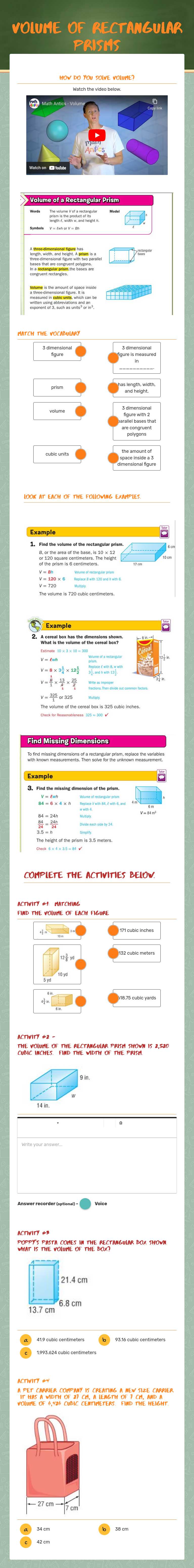 Volume of Rectangular prisms worksheet preview image
