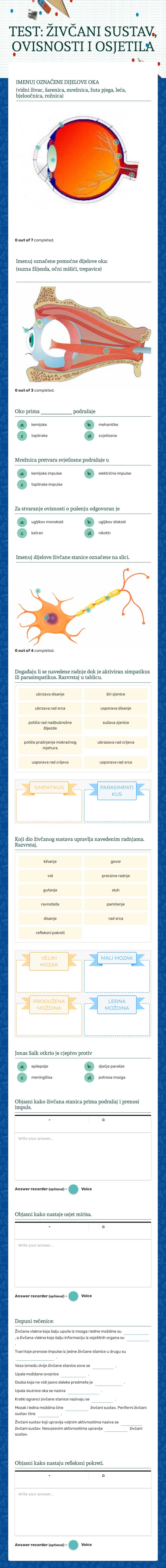 TEST: ŽIVČANI SUSTAV, OVISNOSTI I OSJETILA worksheet preview image