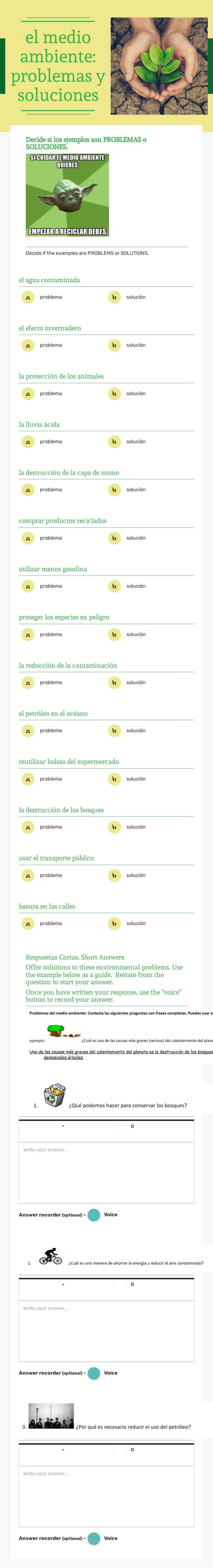 el medio ambiente: problemas y soluciones Grade 10 worksheet preview