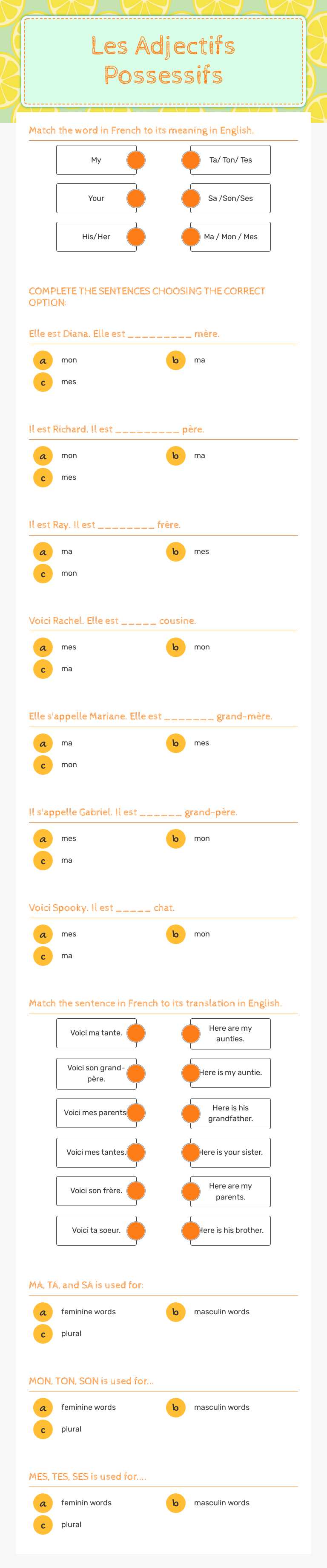 Les Adjectifs Possessifs Grade 7 worksheet preview