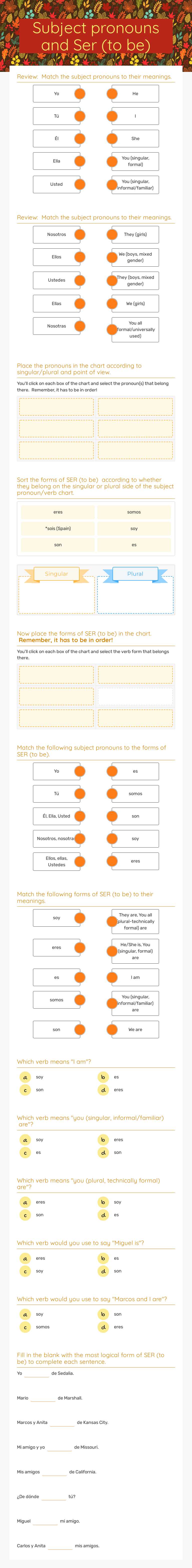 Subject pronouns and Ser (to be) worksheet preview image