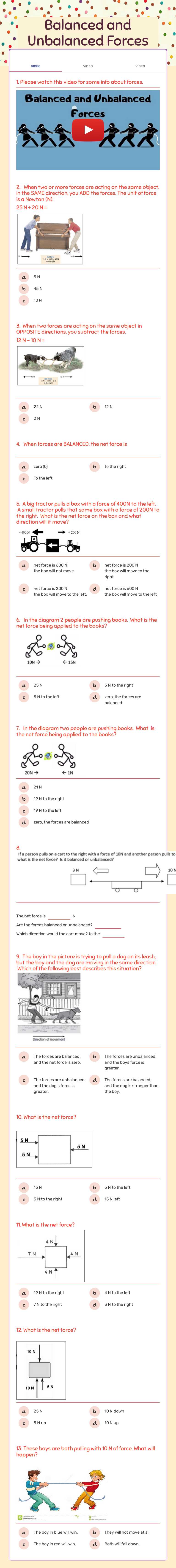 Balanced and Unbalanced Forces worksheet preview image