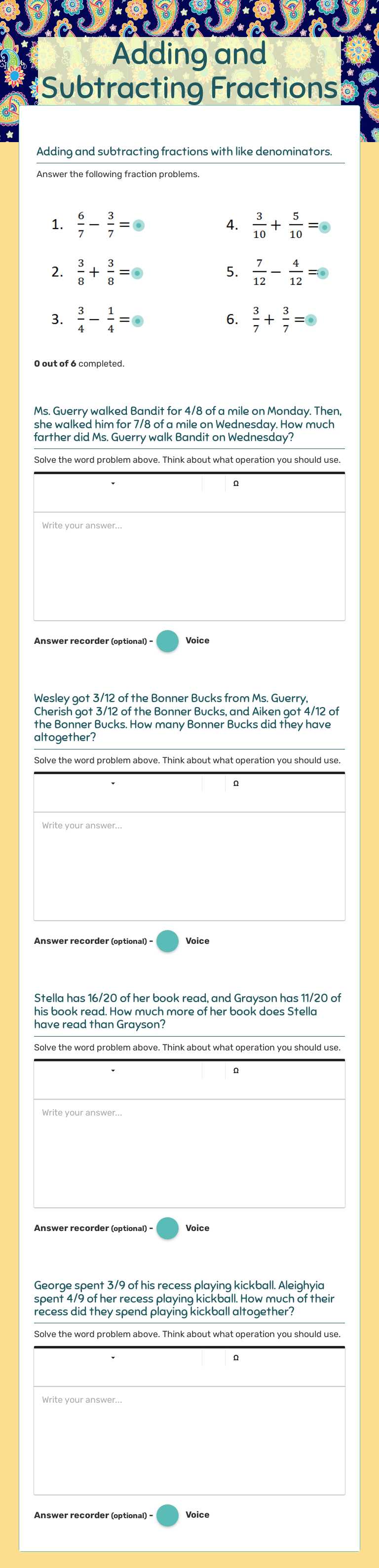 Adding and 
Subtracting Fractions Grade 4 worksheet preview