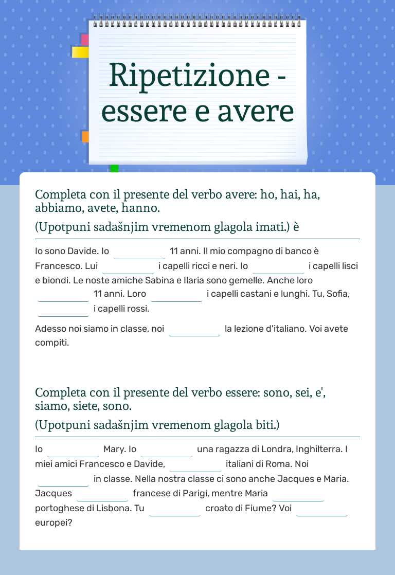 Ripetizione - essere e avere Grade 5 worksheet preview