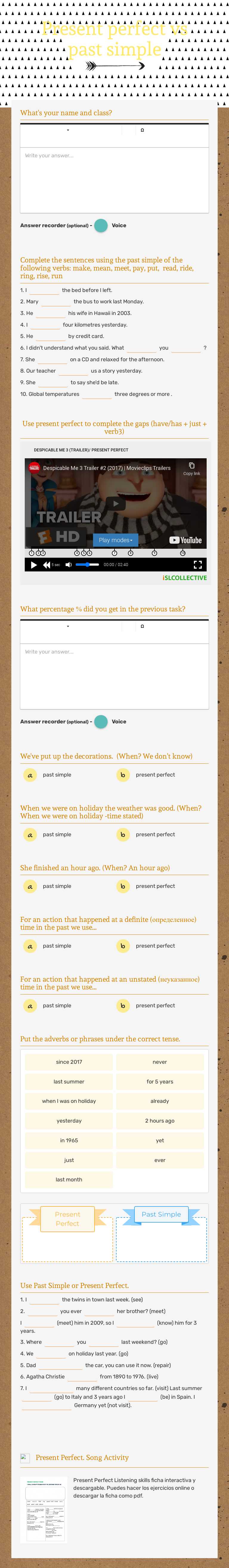 Present perfect vs past simple Grade 6 worksheet preview