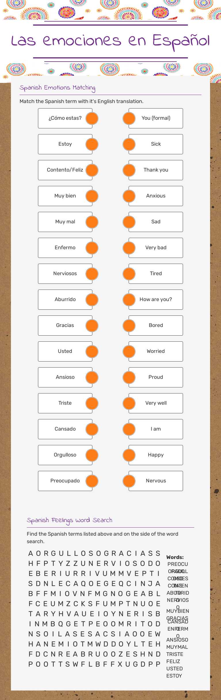 Las emociones 
en Español Grade 7 worksheet preview