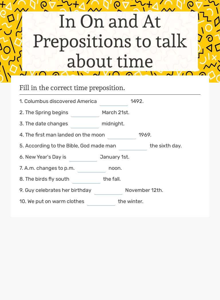 In On and At Prepositions to talk about time worksheet preview image