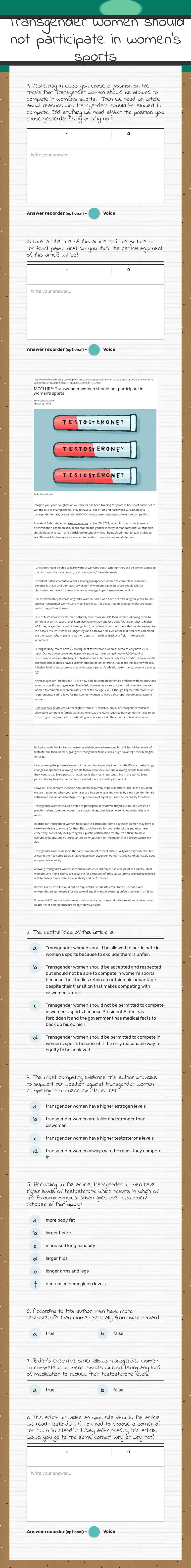 Transgender Women should not participate in women's sports worksheet preview image