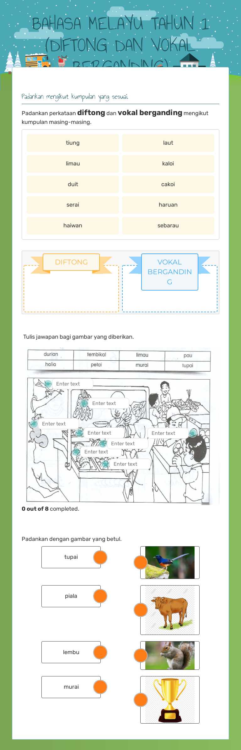 BAHASA MELAYU TAHUN 1    (DIFTONG DAN VOKAL BERGANDING) worksheet preview image