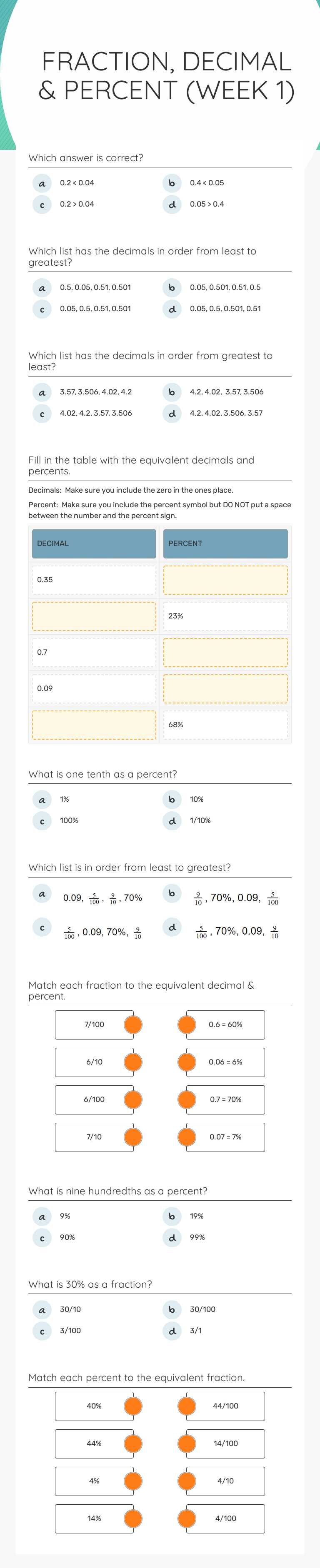 FRACTION, DECIMAL & PERCENT 
(WEEK 1) worksheet preview image