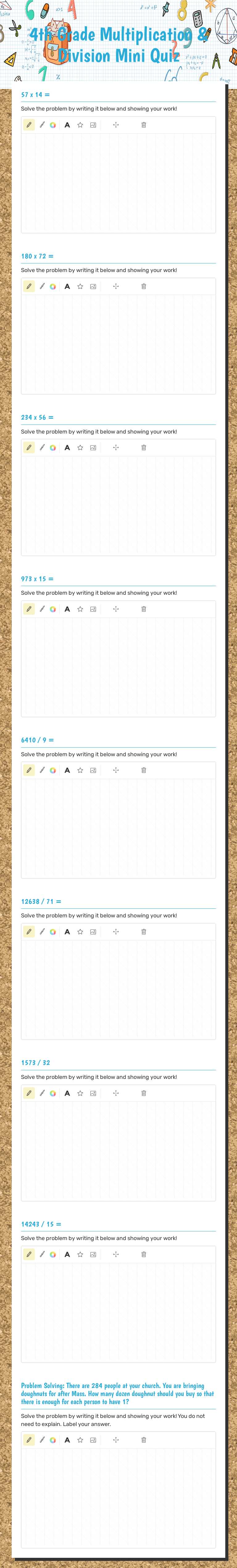 4th Grade Multiplication & Division Mini Quiz worksheet preview image